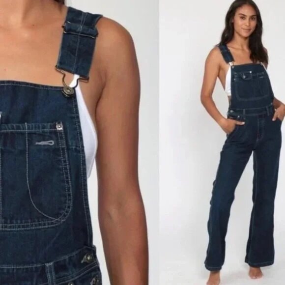 Vintage 90s Silver Jeans Flare Carpenter Denim Blue Overalls Size 5/31 - Picture 1 of 16